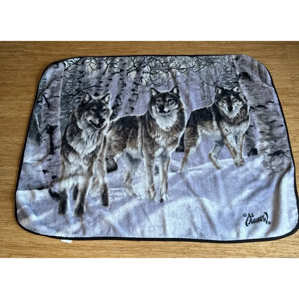 Vintage  AL AGNEW Renegades Wolf Pack Winter Forest Birch Throw Blanket Fleece